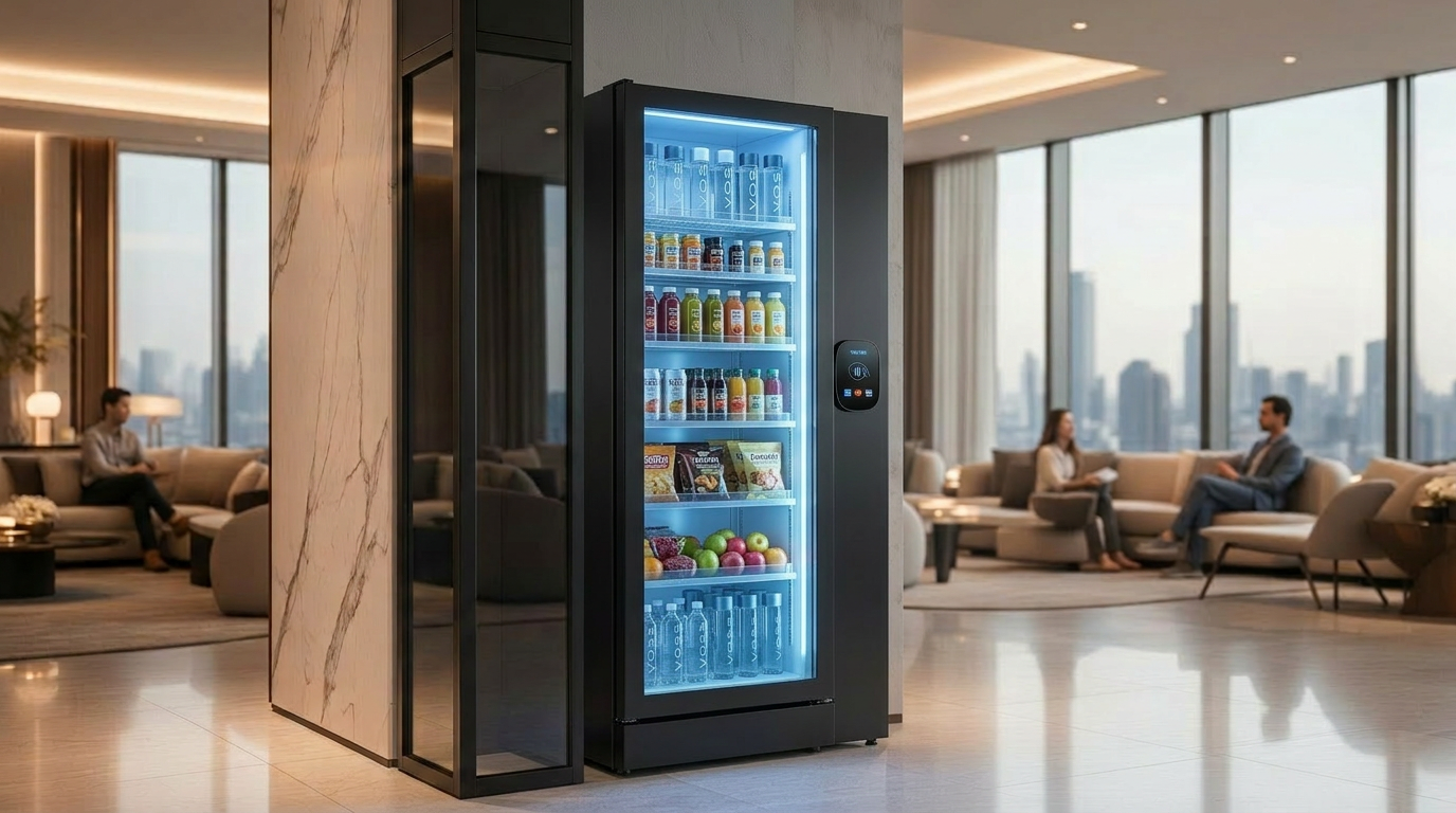 Sleek AI mini market in a luxury apartment amenity space